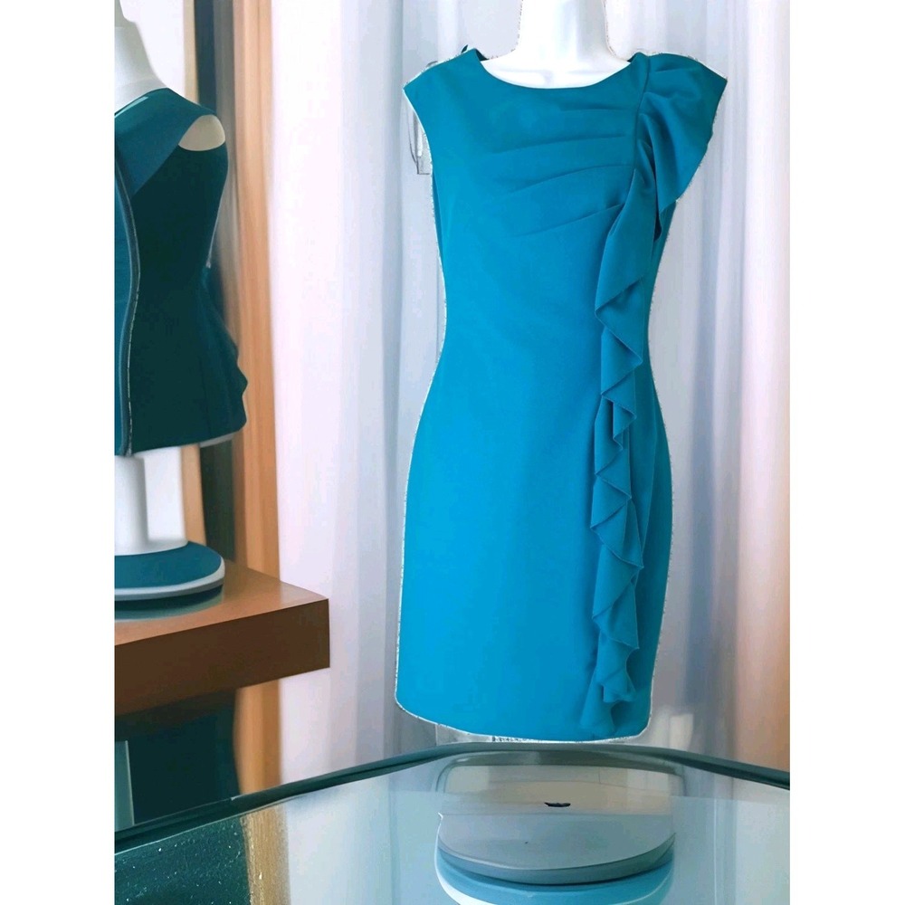 Calvin Klein Dress 2 Teal Ruffle Accent Sheath‎ Lined Sleeveless Back Zip Career